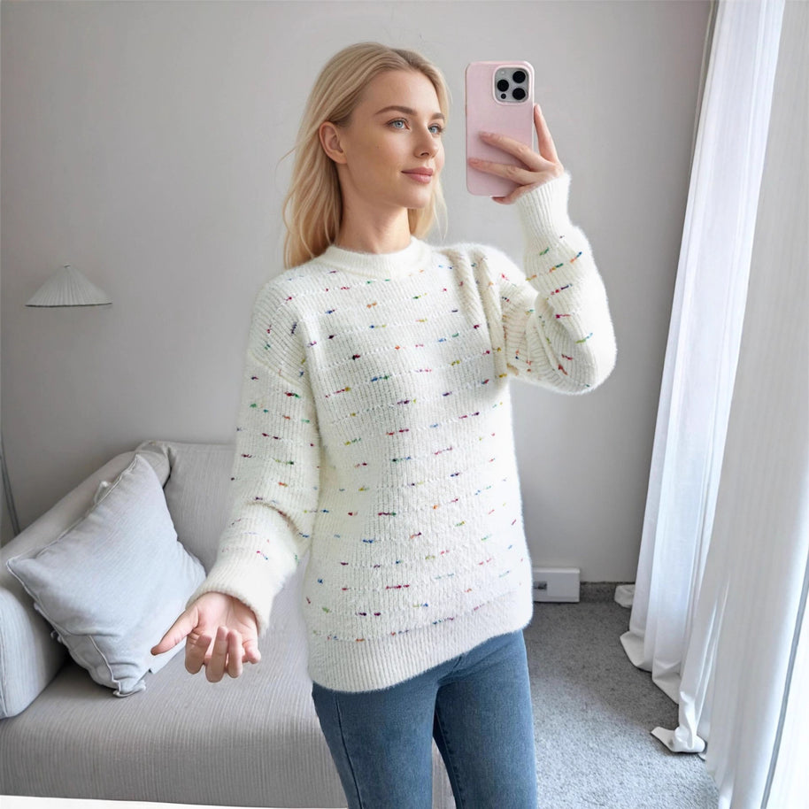 Damen Bequemer Strickpullover mit buntem Punktdesign WW