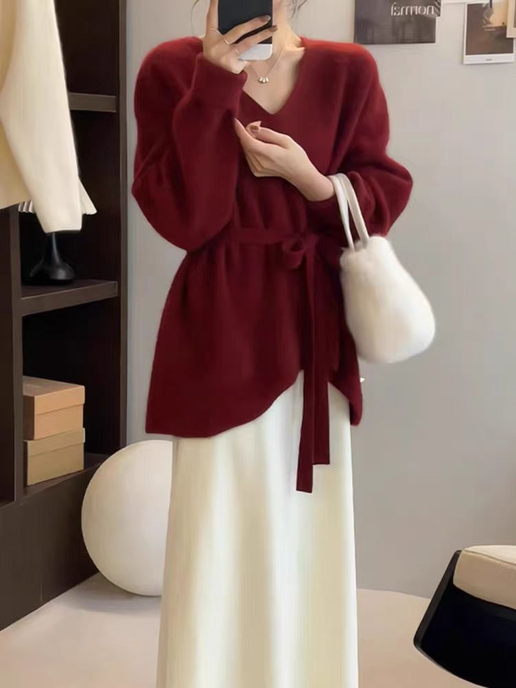 Damen Strickpullover mit V-Ausschnitt und Taillengürtel WW