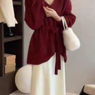 Damen Strickpullover mit V-Ausschnitt und Taillengürtel WW