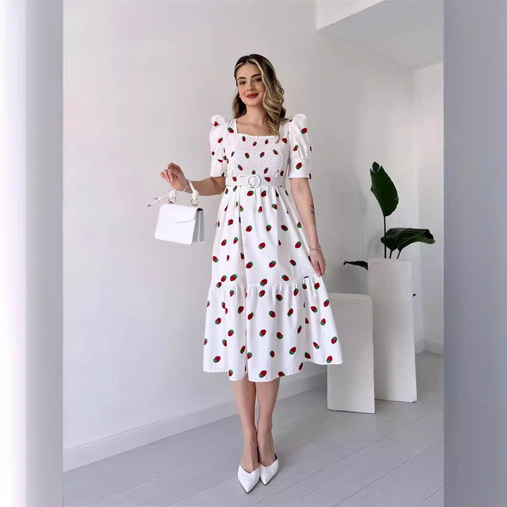 W&W Mode | Bedrucktes, taillenbetontes U-Ausschnitt Elegantes Kleid