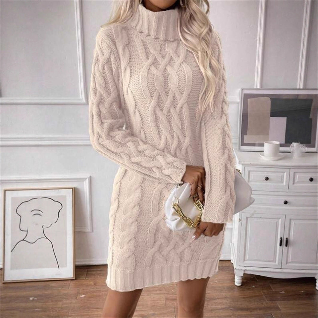 Damen Strickkleid mit hochgeschlossenem Kragen und Zopfmuster WW
