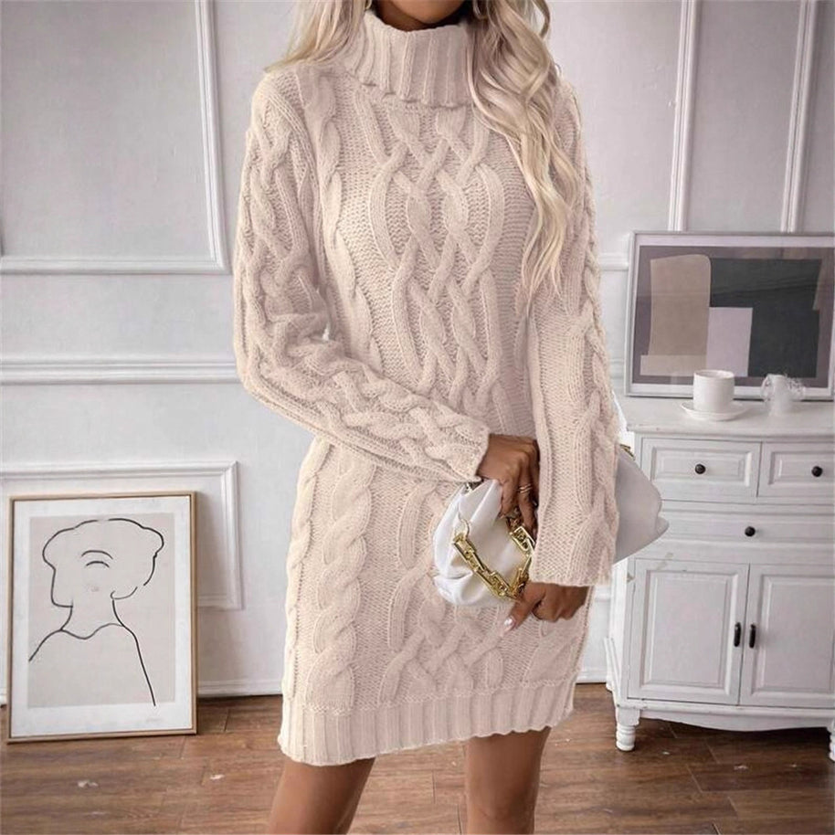 Damen Strickkleid mit hochgeschlossenem Kragen und Zopfmuster WW