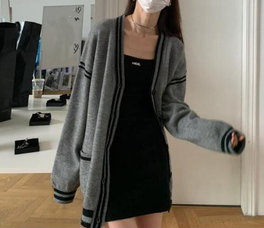 Damen bequeme Strickjacke mit lässigem Schnitt und dekorativem Streifen WW