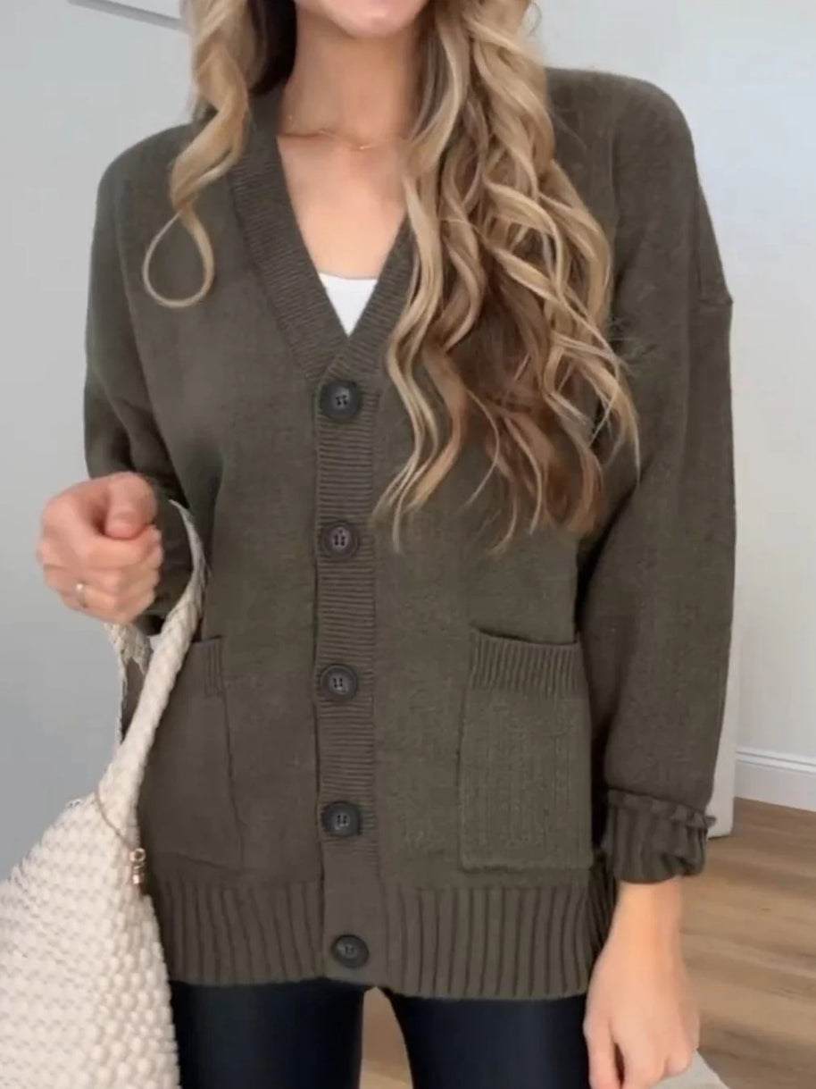 Damen Strickjacke mit Taschen und modernen Knöpfen WW