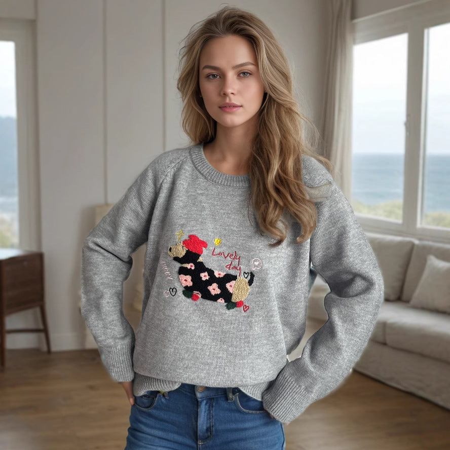 Damen Pullover mit tierischem Motiv und dekorativen Stickereien WW