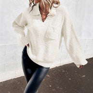 Damen Sportlicher Pullover mit modernem V-Ausschnitt und praktischer Brusttasche WW