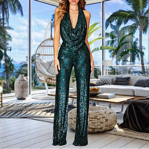 Damen Glamouröser Jumpsuit mit schimmerndem Paillettenbesatz und tiefem V-Ausschnitt WW