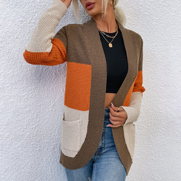 Damen Strickcardigan mit modernem Faltendesign und kontrastierenden Farben WW