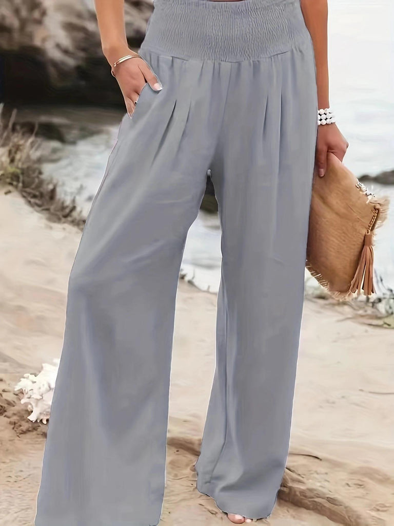 Damen Weite Leinenhose mit elastischem Bund und praktischen Taschen WW