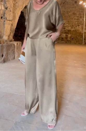 WW | Einfarbiger, seidiger V-Ausschnitt lässiger Anzug