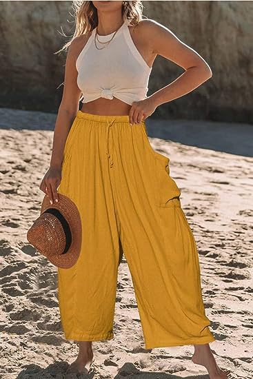 Damen lässige weit geschnittene Leinenhose mit praktischen Taschen und elastischem Bund WW