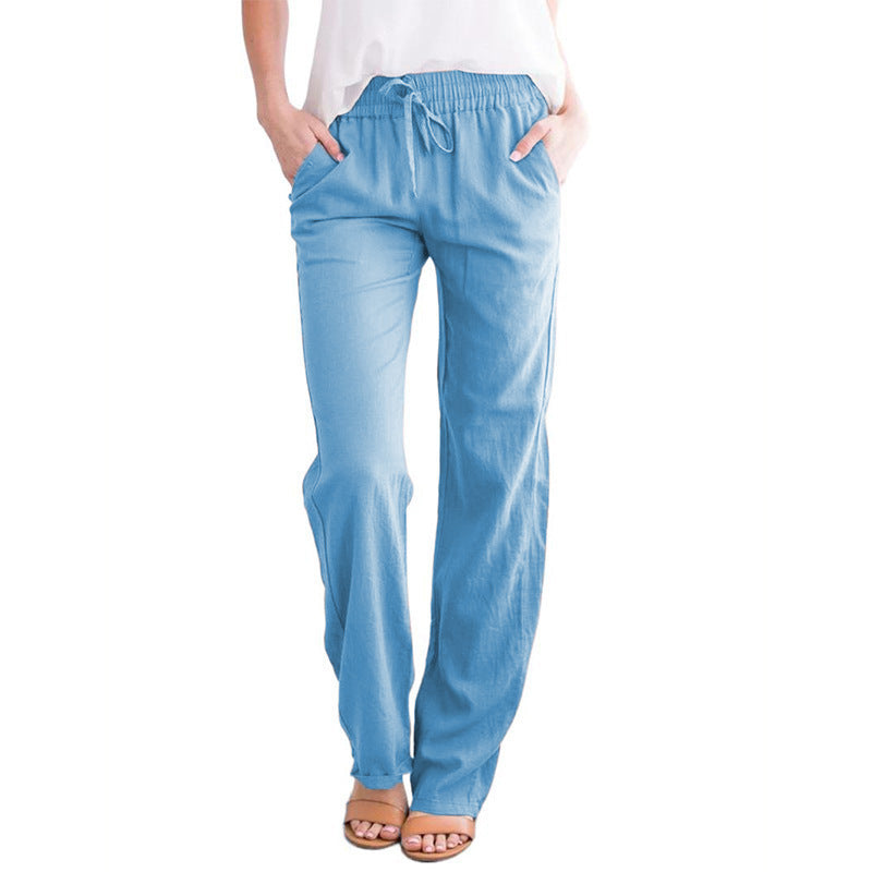 Damen Weite Leinenhose mit elastischem Bund und praktischen Seitentaschen WW