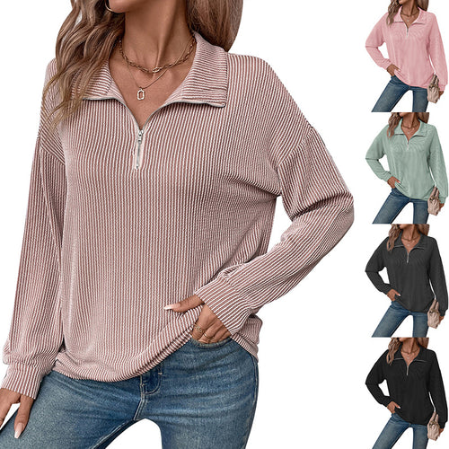 Damen lässiger Pullover mit Reißverschluss und gestreiftem Design WW