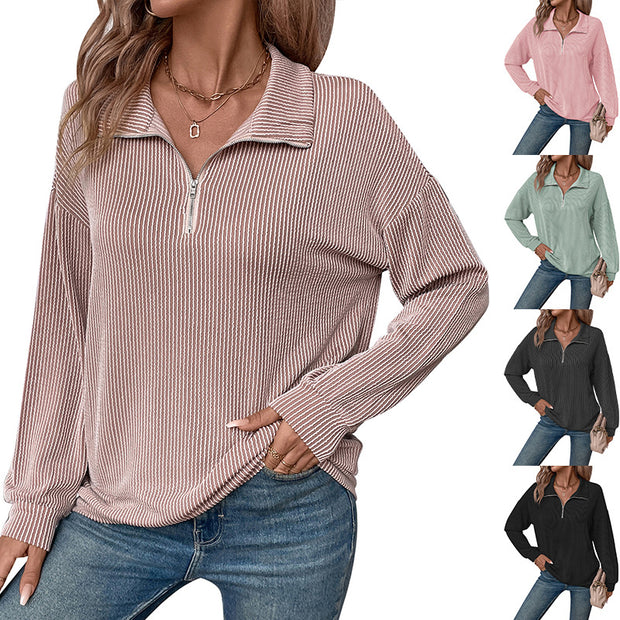 Damen lässiger Pullover mit Reißverschluss und gestreiftem Design WW