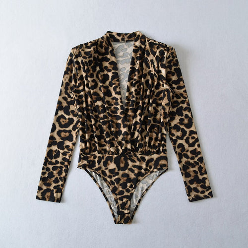 Damen Body mit elegantem Leopardenmuster und tiefem V-Ausschnitt WW