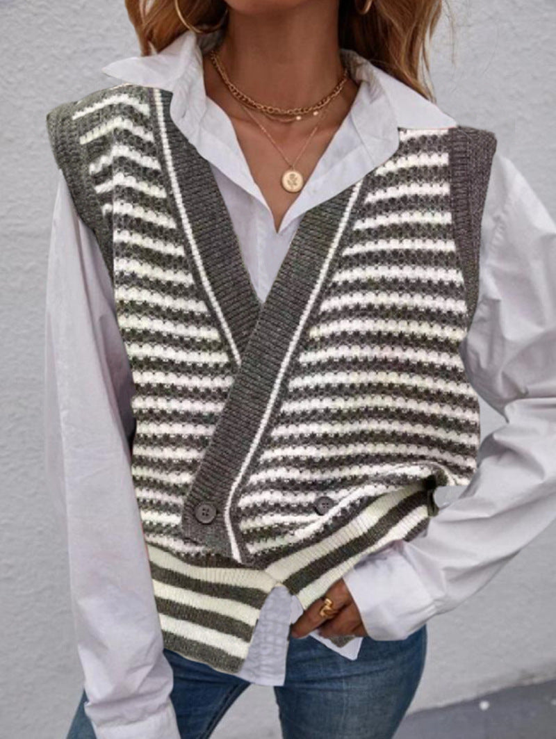 Damen Strickweste mit modischem Streifenmuster und doppeltem Knopfverschluss WW