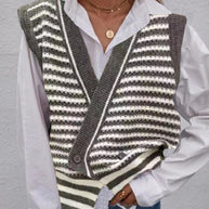 Damen Strickweste mit modischem Streifenmuster und doppeltem Knopfverschluss WW
