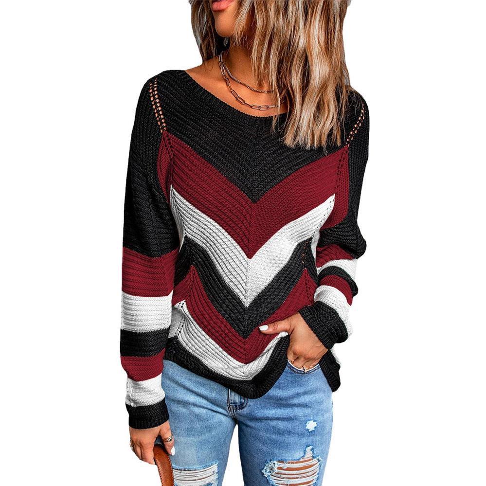 Damen Grobstrick Pullover mit Chevron-Muster WW