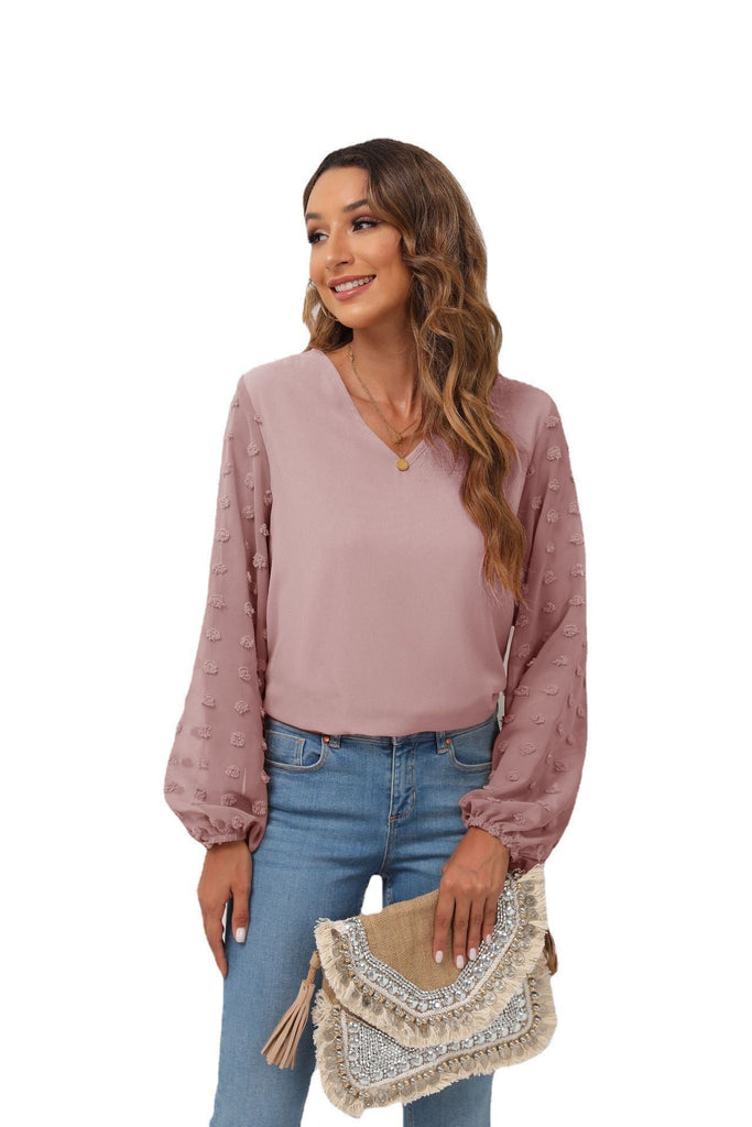 WW | Patchwork Langarm V-Ausschnitt Chiffon Shirt