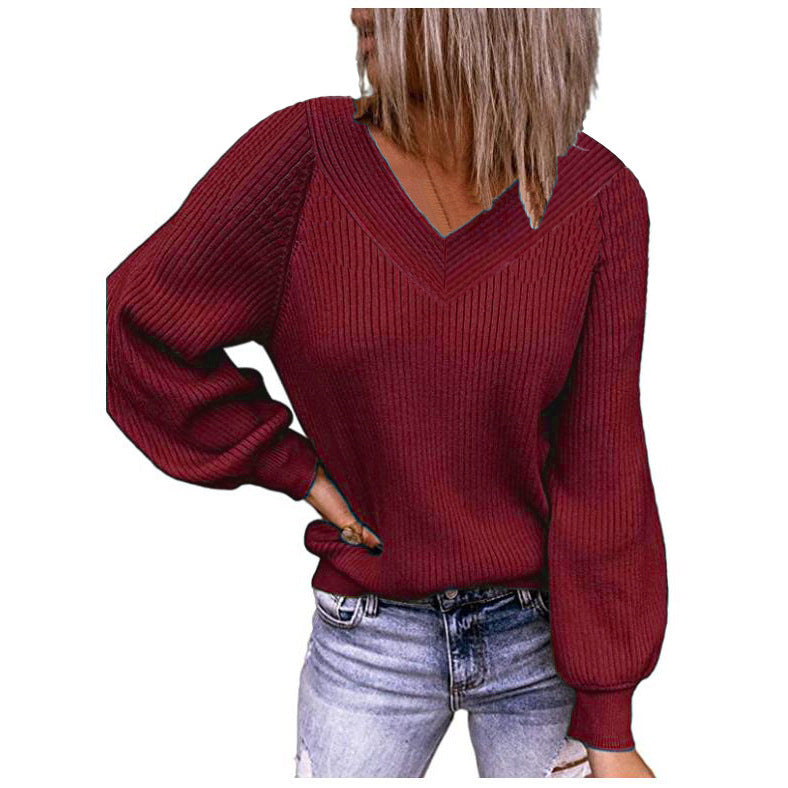 Damen Strickpullover mit V-Ausschnitt und Ballonärmeln WW