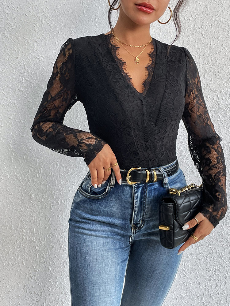 Damen Spitzenbody mit raffiniertem V-Ausschnitt und eleganten Rüschendetails WW