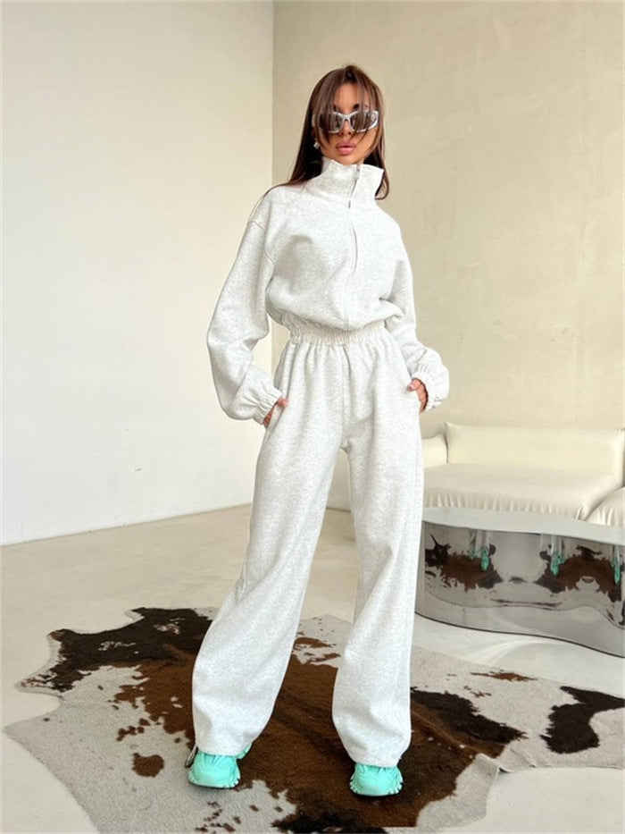 Damen sportliches Fleece-Set mit hohem Kragen und lockeren Hosen WW