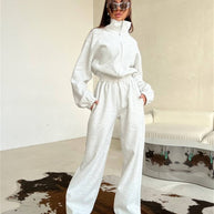 Damen sportliches Fleece-Set mit hohem Kragen und lockeren Hosen WW