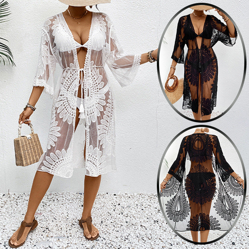Damen Schicker Häkel-Strandüberwurf mit voluminösen Ärmel und elegantem Design WW