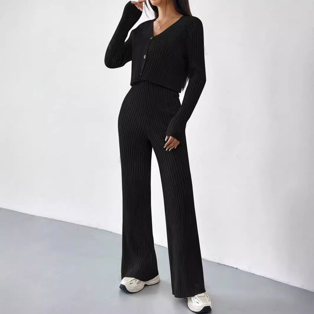 Damen Set mit Rippstruktur und modischem V-Ausschnitt WW