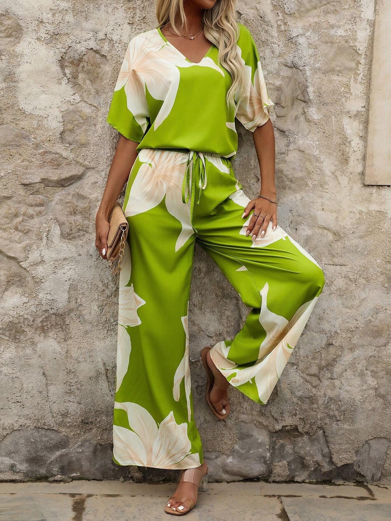 Damen entspanntes Jumpsuit mit floralem Design und elastischem Bund WW