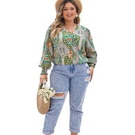 Damen Bluse mit elastischen Puffärmeln und boho-inspiriertem Muster WW