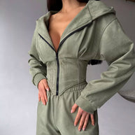 Damen sportlicher Jumpsuit mit Reißverschluss und Kapuze WW