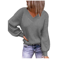 Damen Strickpullover mit V-Ausschnitt und Ballonärmeln WW