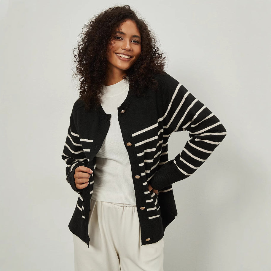 Damen Strickjacke mit gestreiftem Muster und eleganten Knopfdetails WW