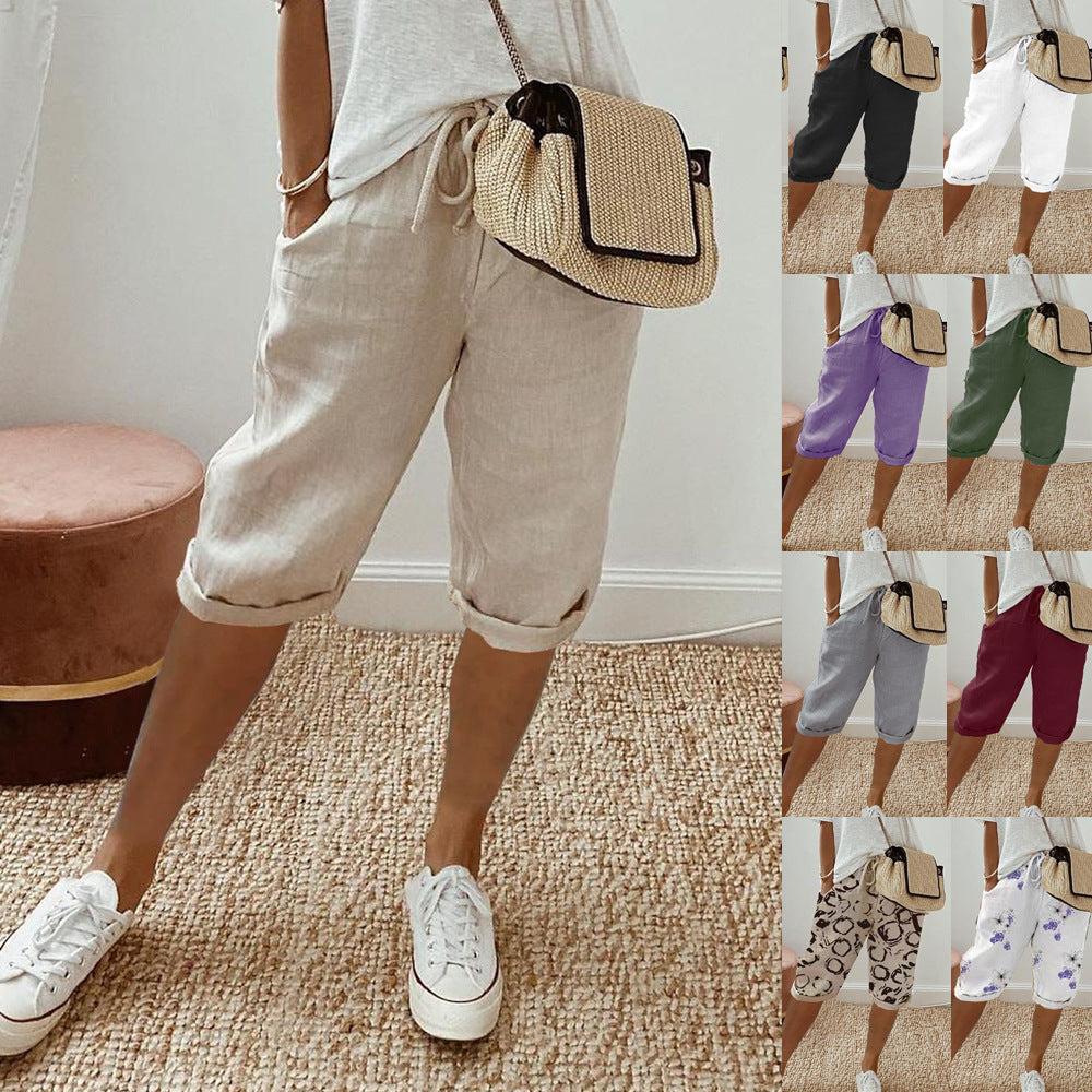 Damen lässige Cropped-Hosen mit Gummi Bund und Taschen WW