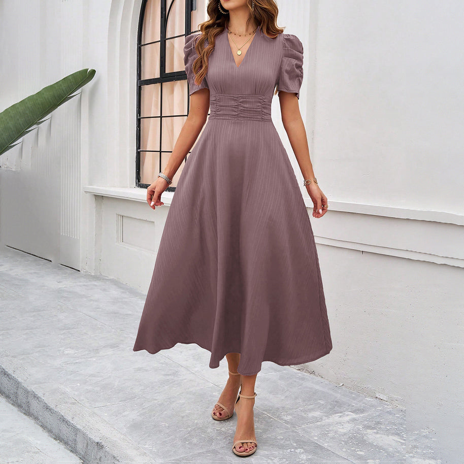 Damen Midi Kleid mit Puffärmeln und V-Ausschnitt WW