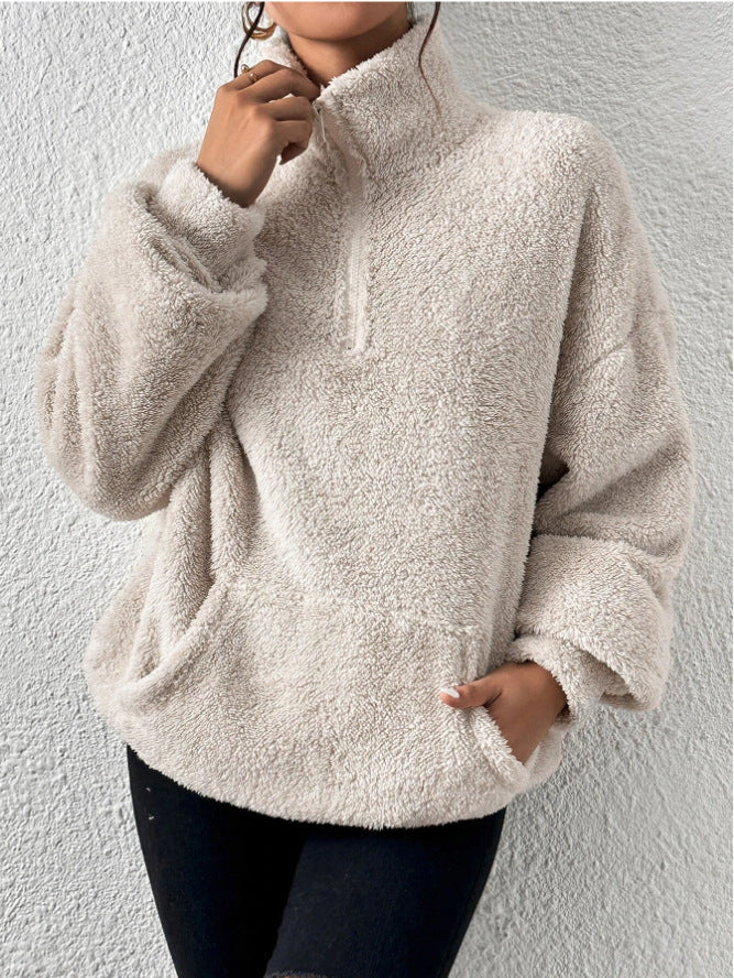 W&W Mode Plüsch-Kängurutaschen-Stehkragen-Sweatshirt