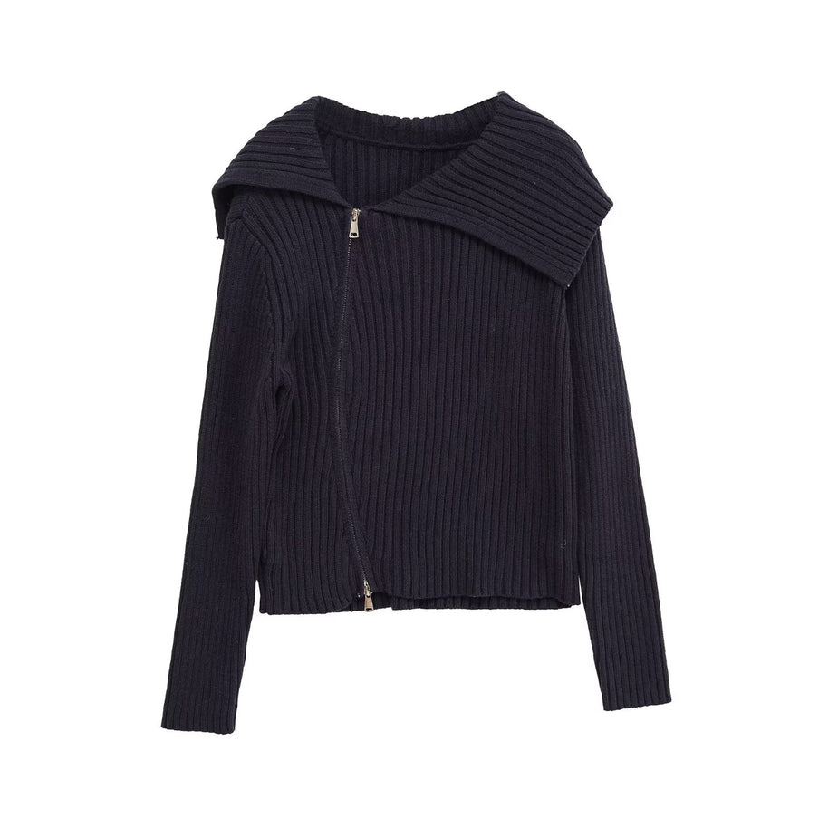 Damen Rippenstrickjacke mit großem Kragen und asymmetrischem Reißverschluss WW