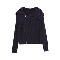 Damen Rippenstrickjacke mit großem Kragen und asymmetrischem Reißverschluss WW