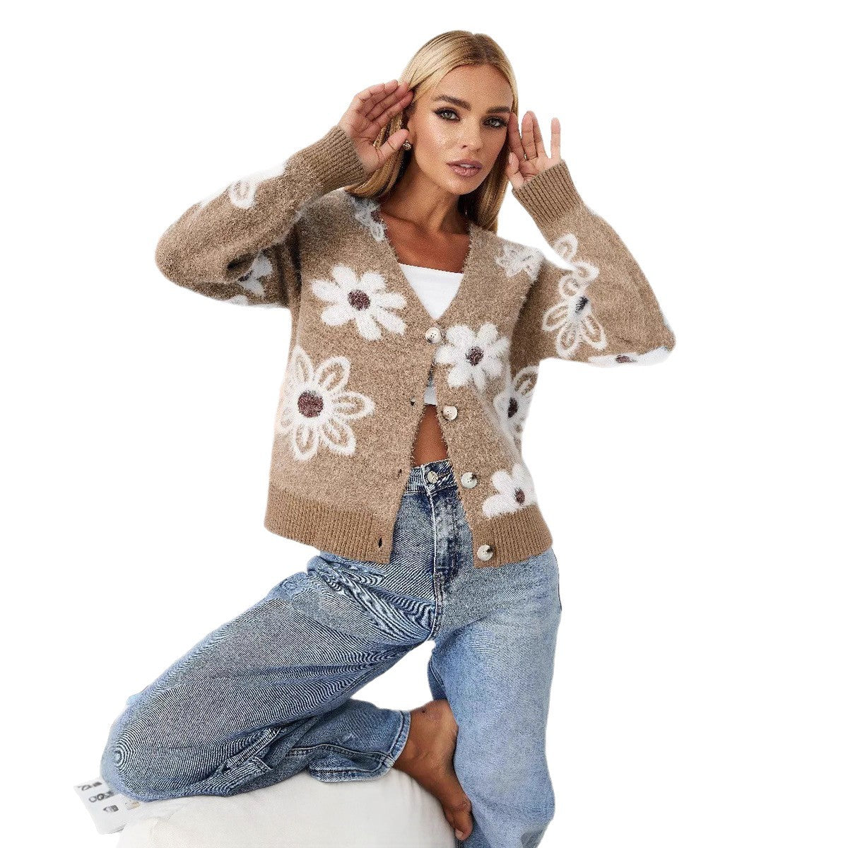 Damen Strickjacke mit Blumenmuster WW