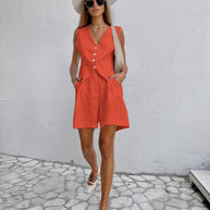 Damen luftiges Leinen-Set mit ärmellosem Blazer und Shorts WW