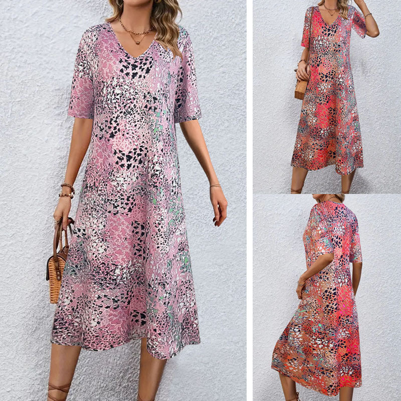 Damen V-Ausschnitt Midi-Kleid im lässigen Animal-Print Stil W&W Mode