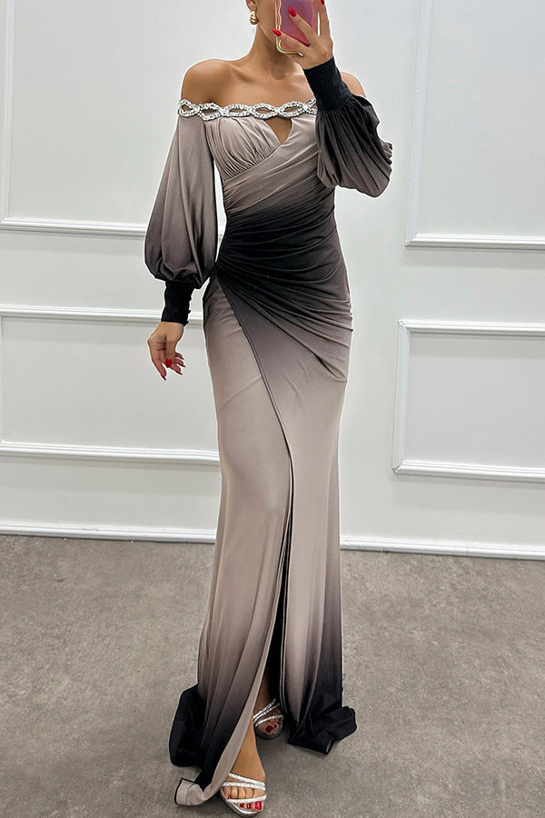 Damen Off-Shoulder Abendkleid mit drapierter Taille und funkelnden Applikationen WW