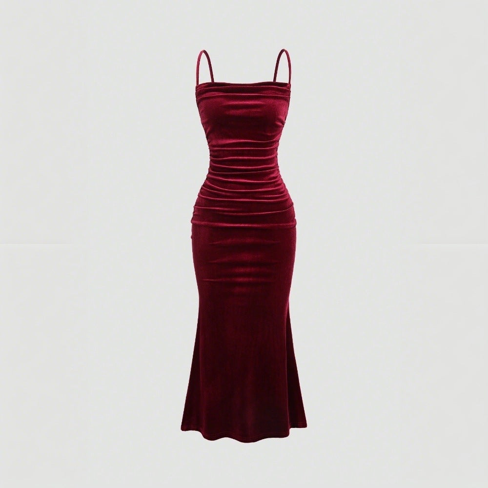 Damen Elegantes Samt-Maxi-Kleid mit figurbetontem Schnitt und raffinierten Raffungseffekten W&W