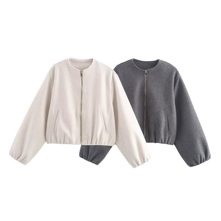 Damen lässige Kurzjacke mit voluminösen Ärmeln und metallischem Reißverschluss W&W Mode