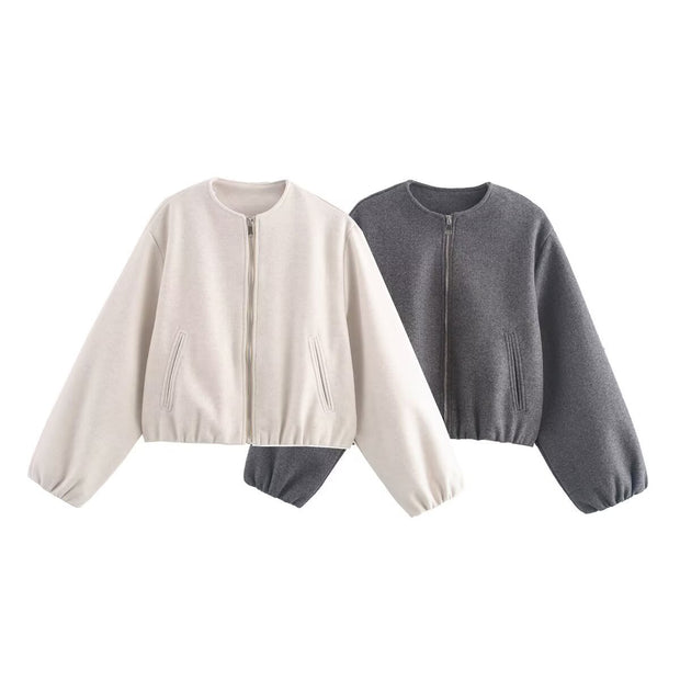 Damen lässige Kurzjacke mit voluminösen Ärmeln und metallischem Reißverschluss WW