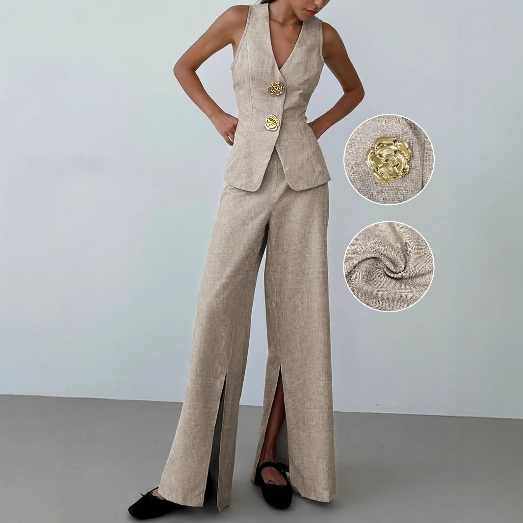 Damen elegantes Anzug-Set mit tailliertem Blazer und weit geschnittene Hose W&W Mode