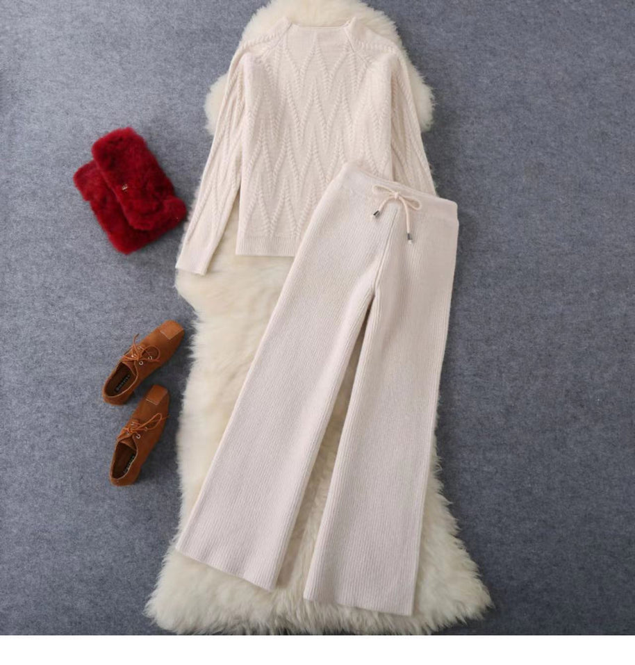 Damen Set aus Strickpullover und Weit geschnittenen Hose WW