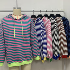 Damen gestreifter Kapuzenpullover mit stylischer Kängurutasche WW
