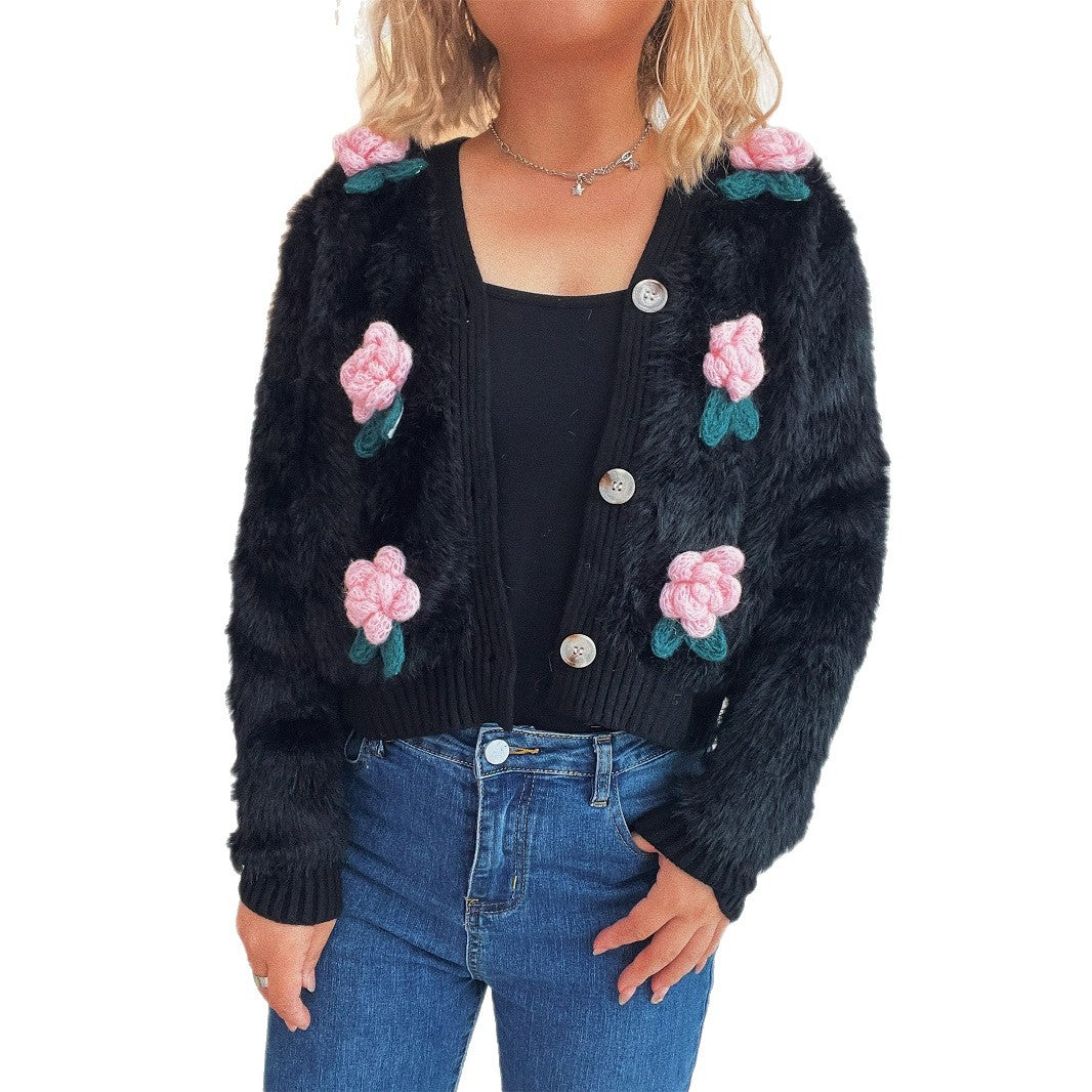 Damen Strickjacke mit floralen Applikationen und weichem Material WW